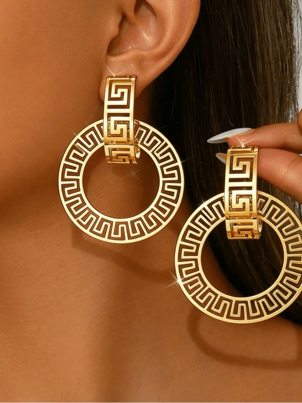 Gold Greek Key Hoop Earrings - Women Jewelry